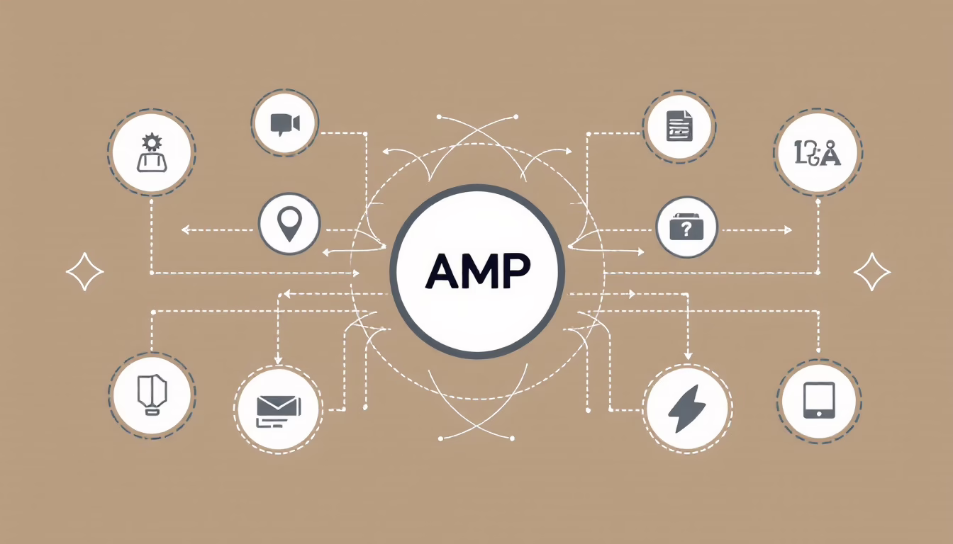 "Diagram illustrating AMP's integration with various digital elements like video, location, and email for enhanced web performance."