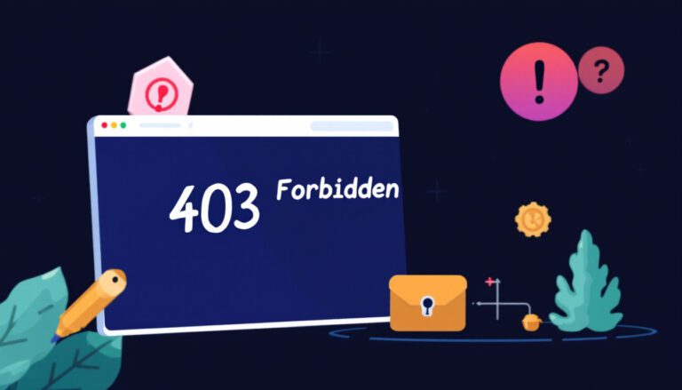 "Creative 403 Forbidden error page design featuring a locked envelope, question mark, and vibrant visual elements."