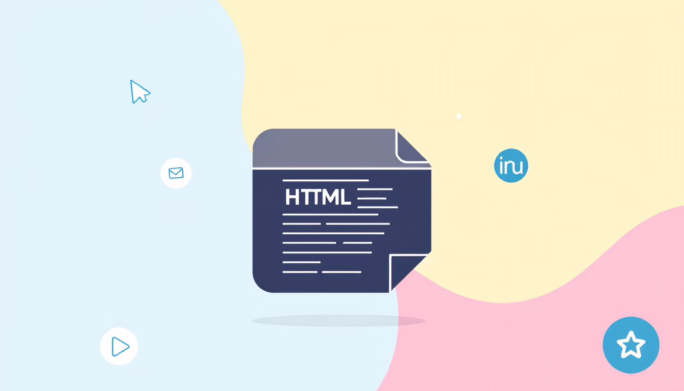 "Colorful graphic illustrating HTML code with icons for email and video, emphasizing web development concepts."